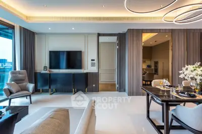 Luxurious modern living room with elegant dining area and city view