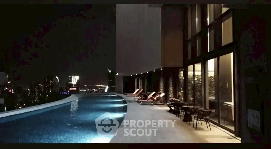 Luxurious rooftop infinity pool with stunning city skyline view at night