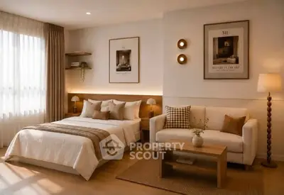 Elegant bedroom with cozy seating area and stylish decor