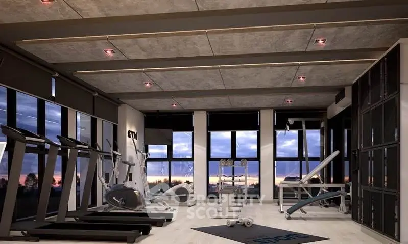 Modern gym with state-of-the-art equipment and stunning sunset view.