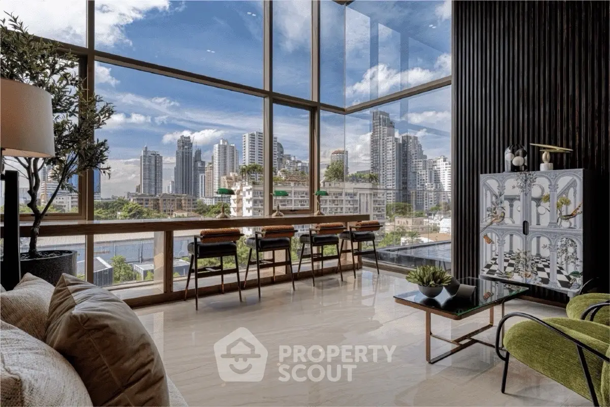 Luxurious living room with floor-to-ceiling windows offering stunning city skyline views.