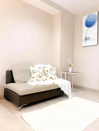 Cozy living room with modern sofa and stylish decor in a bright apartment.