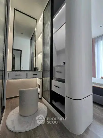 Luxurious modern dressing room with sleek cabinetry and elegant design