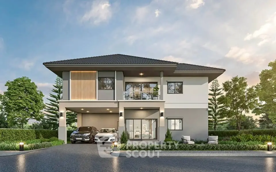 Stunning modern two-story house with lush landscaping and spacious driveway