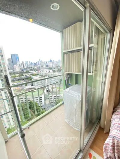 Charming balcony with city view and washing machine in modern apartment