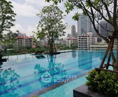 Luxurious rooftop pool with stunning city skyline views in a modern urban setting.