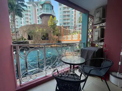 Charming balcony with pool view in modern residential complex
