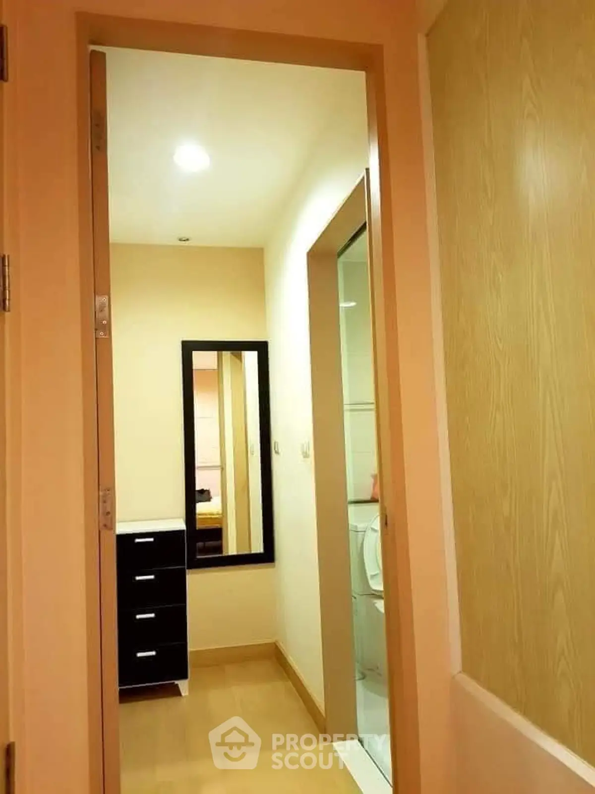 Modern hallway with sleek mirror and storage unit in stylish apartment