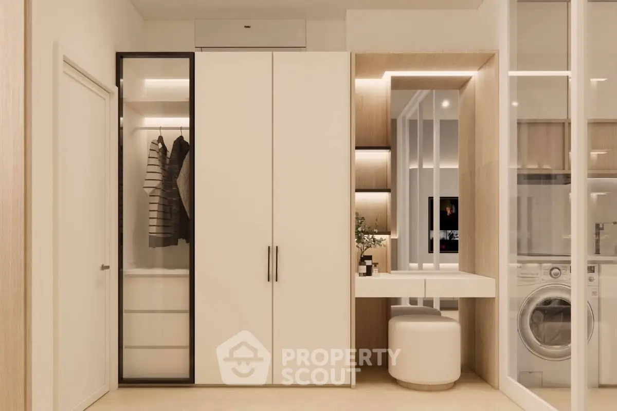 Modern apartment interior with sleek closet and built-in laundry area