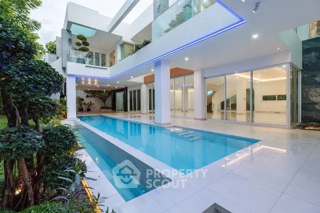 Luxurious modern home with sleek pool and spacious outdoor area, perfect for entertaining.