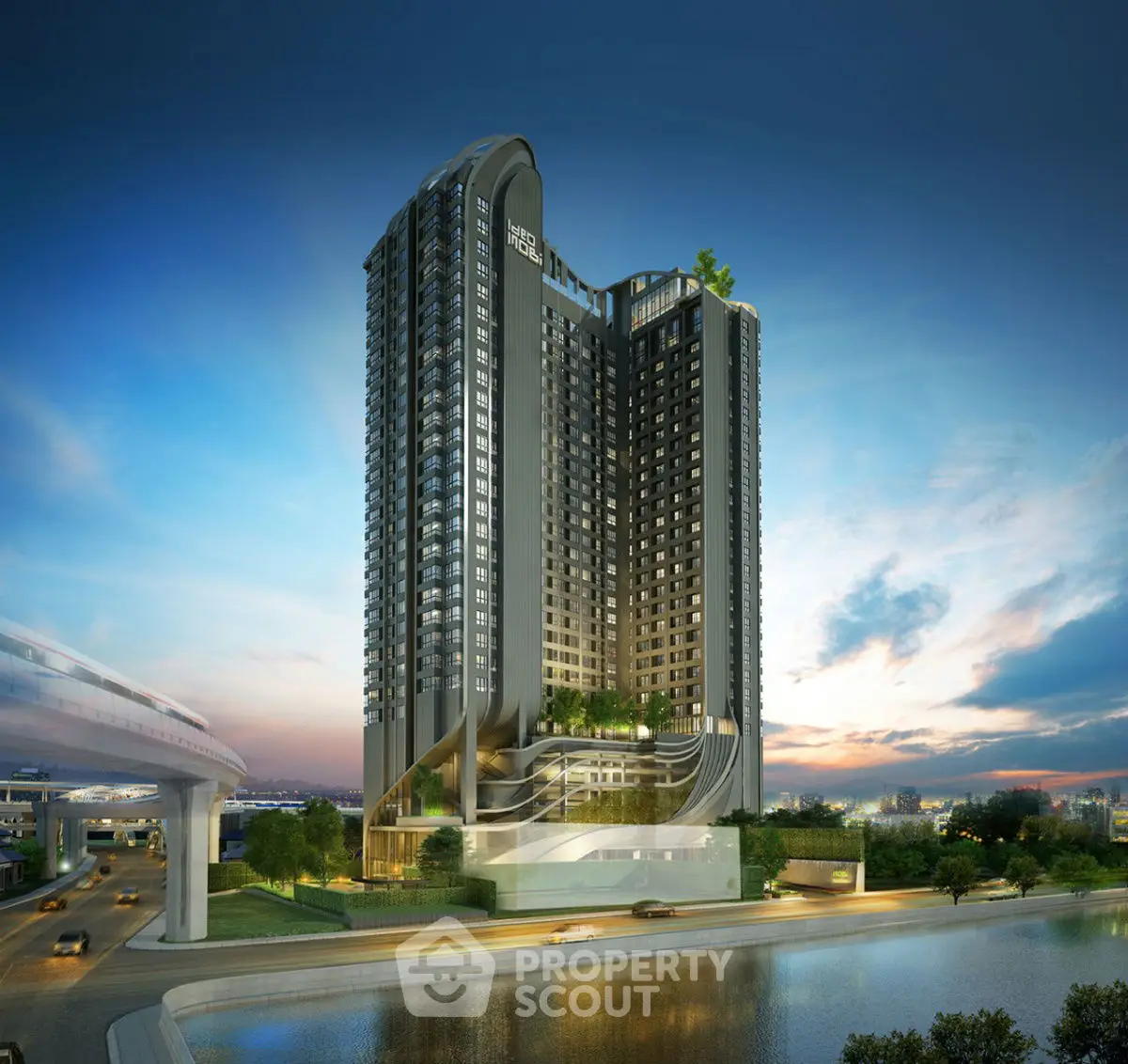 Stunning modern high-rise building with sleek architecture and scenic river view.