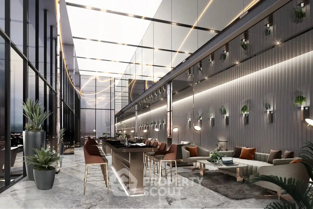 Luxurious modern living room with high ceilings and elegant decor