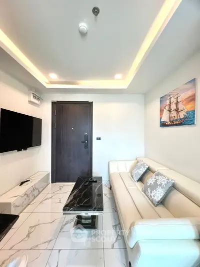 Modern living room with marble flooring and sleek furniture
