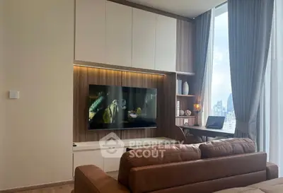 Modern living room with built-in TV unit and city view window