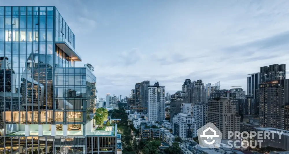 Stunning modern skyscraper with panoramic city views and lush rooftop garden.