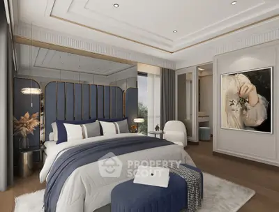 Luxurious bedroom with elegant decor and modern furnishings, featuring a plush bed and stylish artwork.