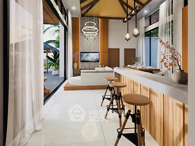 Luxurious open-plan living room with modern decor and stylish lighting, featuring a seamless indoor-outdoor flow.