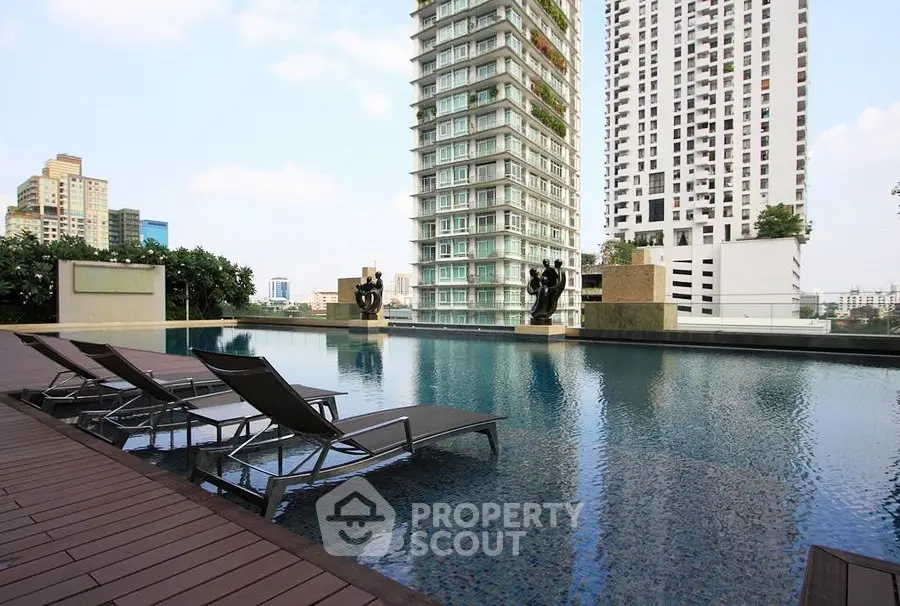 Luxurious rooftop pool with stunning cityscape views and modern lounge chairs.