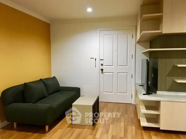 Cozy living room with modern sofa and stylish shelving unit