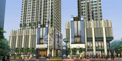 Luxurious modern high-rise buildings with elegant architectural design and lush greenery.
