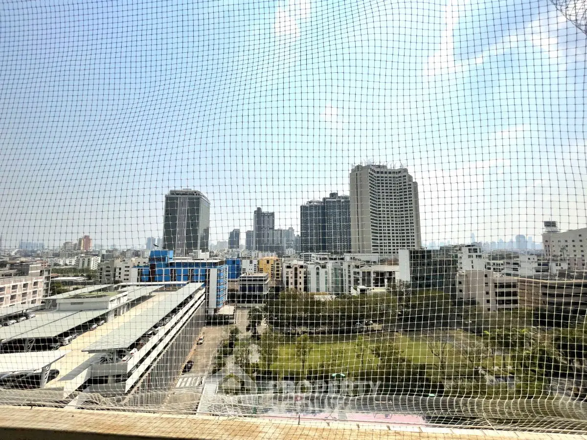 Stunning cityscape view from high-rise building balcony with lush green park below.