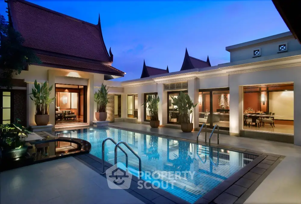 Luxurious villa with private pool and elegant architecture at dusk