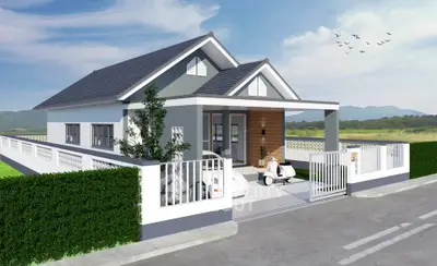 Charming modern house with sleek design and spacious driveway in serene neighborhood.