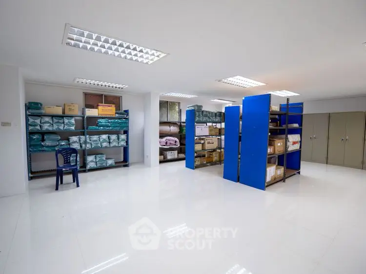 Spacious storage room with organized shelves and bright lighting
