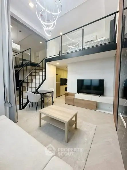 Modern loft apartment with stylish living room and mezzanine bedroom
