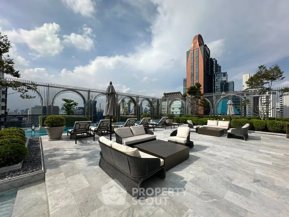 Luxurious rooftop terrace with modern seating and stunning city views, perfect for relaxation and entertainment.