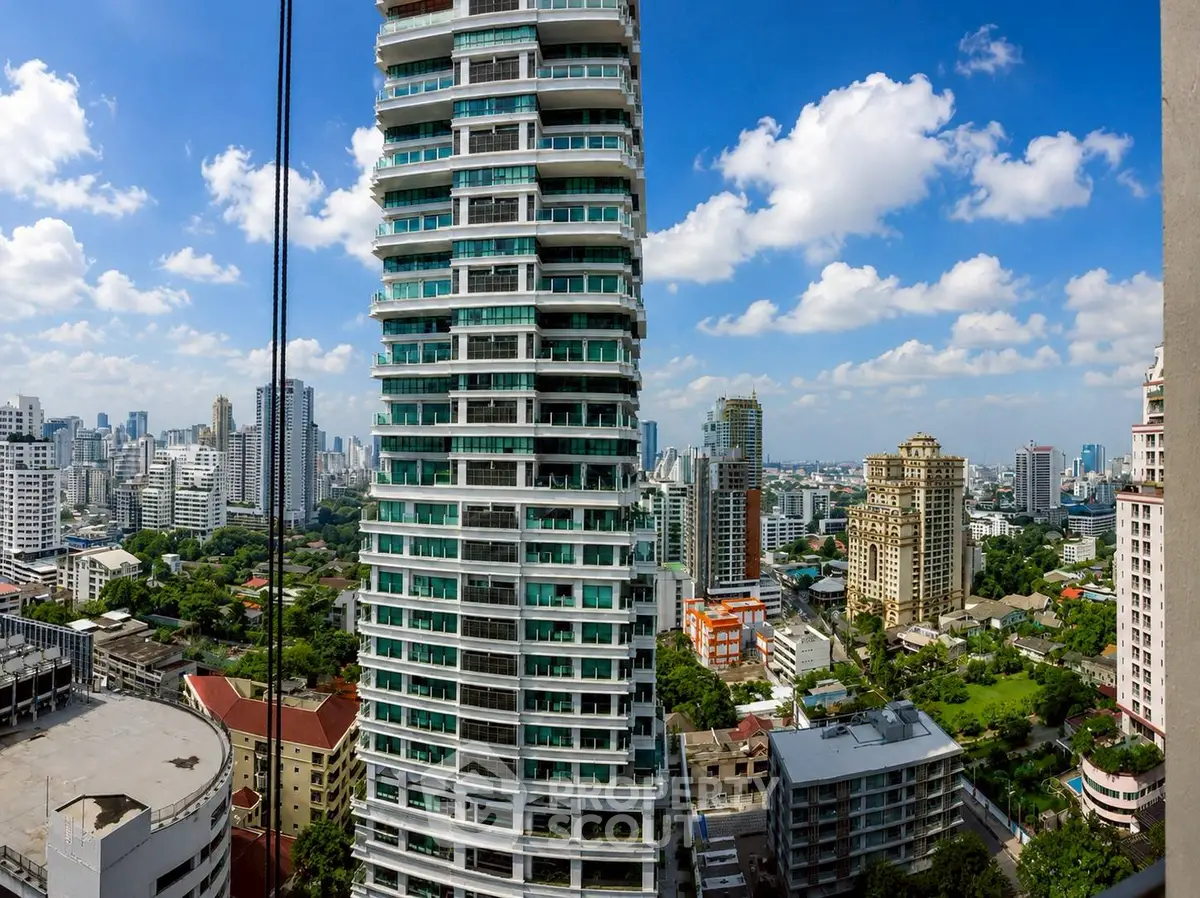 Stunning cityscape view featuring modern high-rise buildings under a clear blue sky.