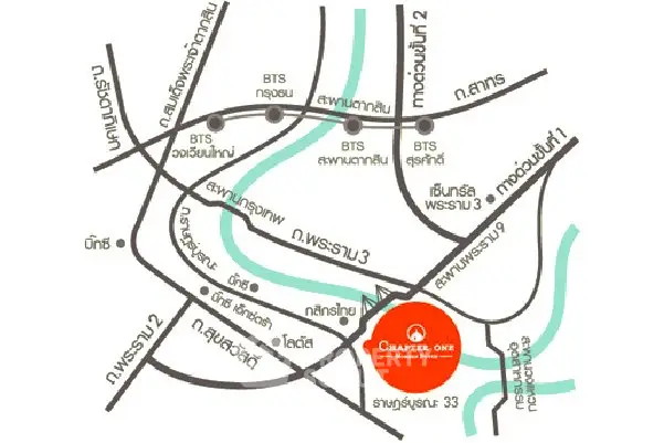 Map showing Chapter One condominium location near BTS stations and main roads.