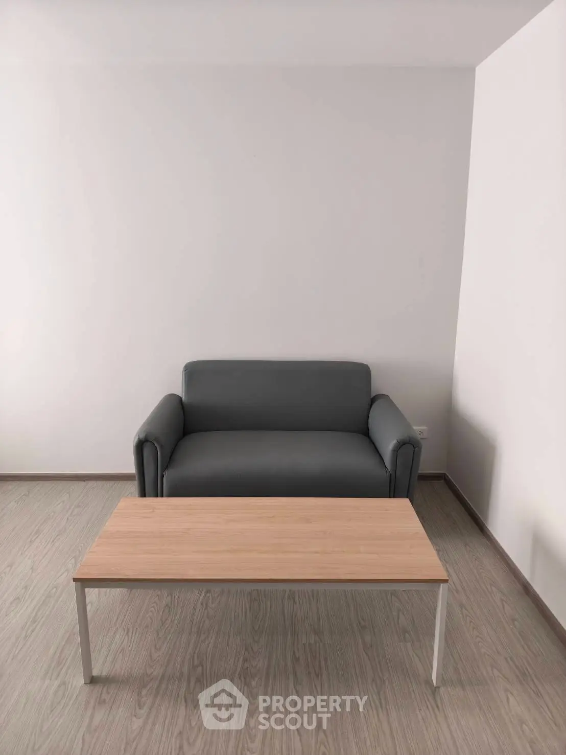 Minimalist living room with a sleek gray sofa and wooden coffee table on light wood flooring.