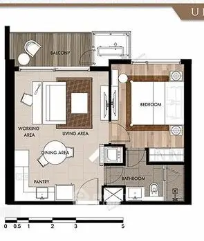 Modern apartment floor plan with balcony, bedroom, working area, dining area, pantry, and bathroom.