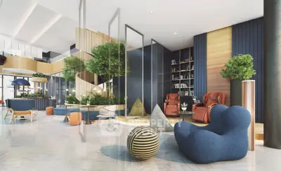 Luxurious modern living room with stylish furniture and greenery accents