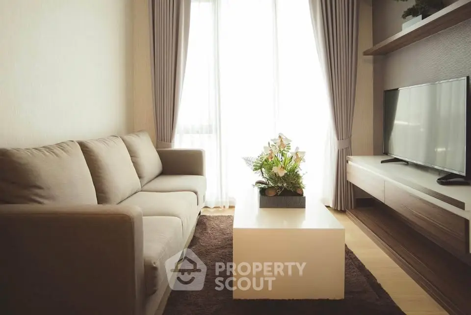 Modern living room with cozy sofa, stylish TV unit, and elegant decor in natural light.