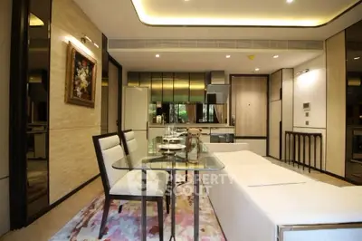 Luxurious modern living room with open kitchen and elegant dining area
