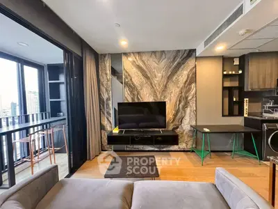 Modern living room with stylish decor and balcony view in urban apartment