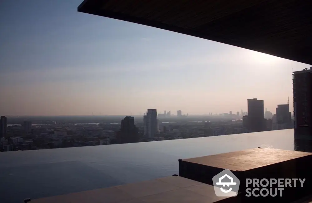 Stunning rooftop infinity pool with panoramic city skyline view at sunset