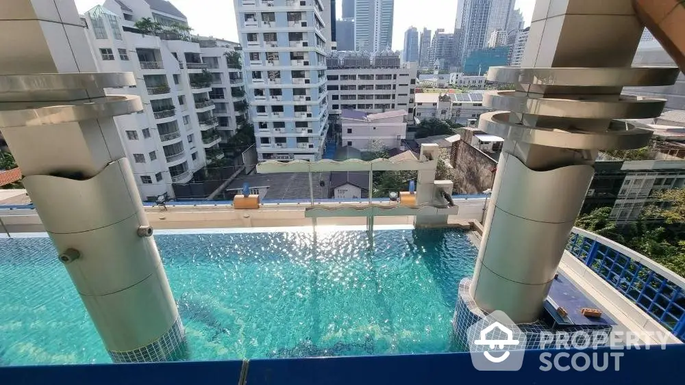 Luxurious high-rise condo with infinity pool overlooking the cityscape, perfect for urban living and relaxation.