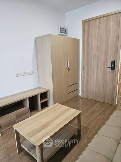 Modern minimalist living room with wooden furniture and sleek design