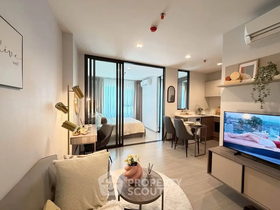 Modern open-plan living room with stylish decor and cozy ambiance