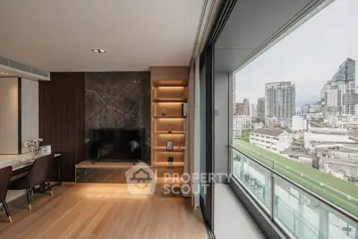 Modern living room with city view and elegant decor in luxury apartment
