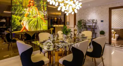 Luxurious dining room with elegant decor and modern lighting, perfect for entertaining guests in style.