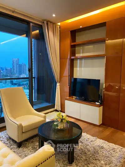 Luxurious living room with city view, elegant furniture, and modern decor in high-rise apartment.