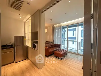Modern apartment with open layout, stylish living room, and balcony view.
