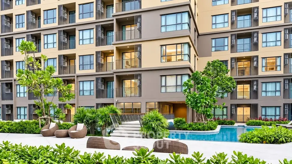 Modern apartment building with lush garden and inviting pool area.