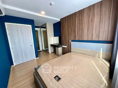 Modern bedroom with wooden accents and stylish decor
