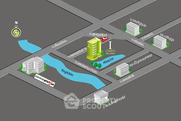 Illustrative map showing condo location near Central Plaza and river.