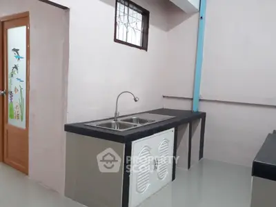 Simple kitchen with dual sink and decorative door in a minimalist design.